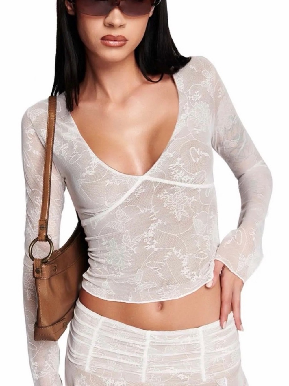 I.AM.GIA Women’s M Lace Mesh Floral Long Sleeve Deep V Neck Y2K Corset Top